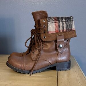 Soda Brown Plaid Cuff Combat Boots